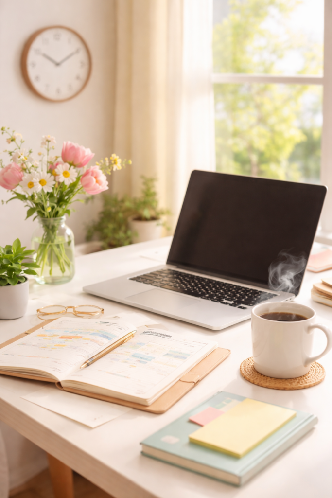 organized workspace with laptop planner and coffee representing time management and productivity to get time back in your business